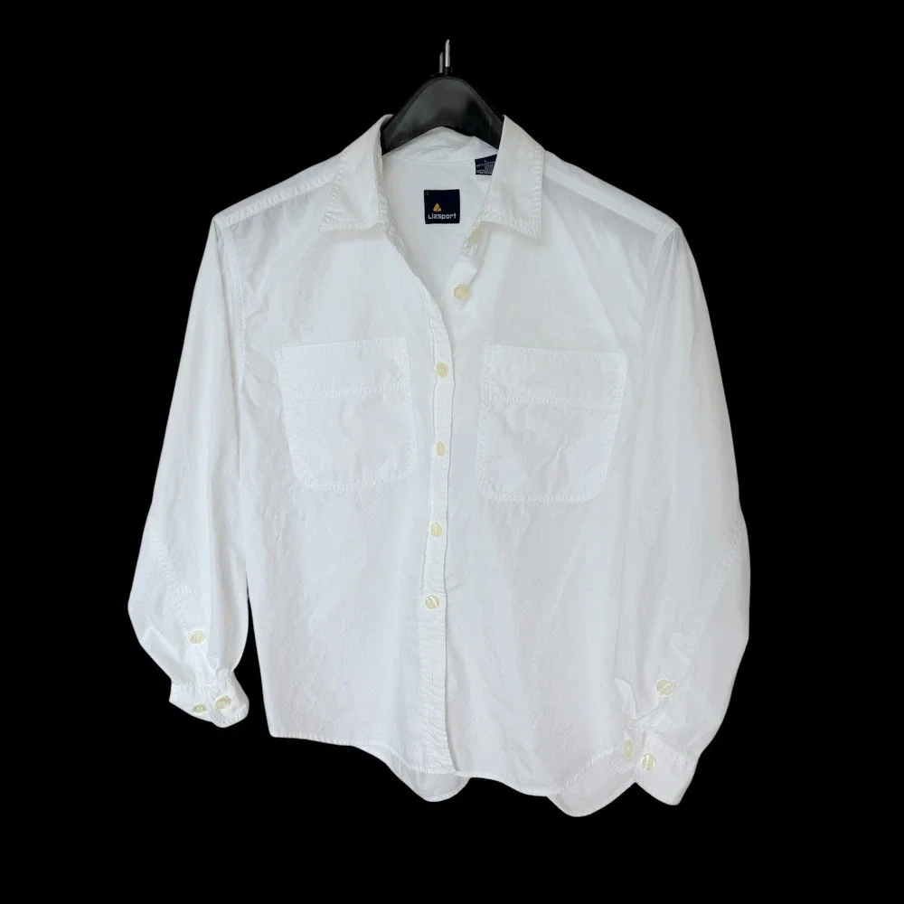 90's Lizsport White Cotton Button Down Long Sleeve Shirt Pocket Size L - Picture 1 of 7